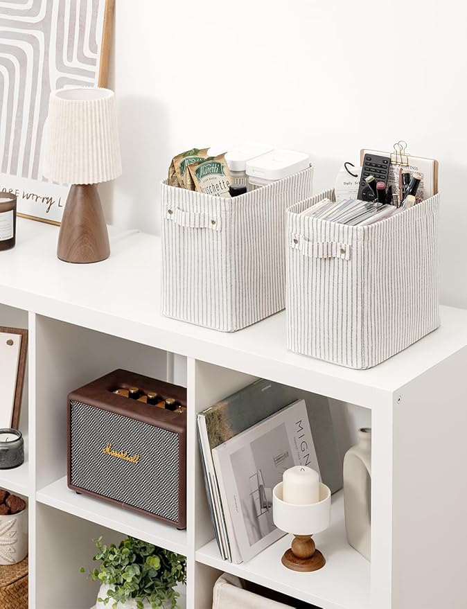 StorageWorks Narrow Storage Bins, Small Basket for Closet and Shelves, Rectangular Fabric Organizer with Handles, Toilet Paper Storage, Gray and White Stripes, 2-Pack