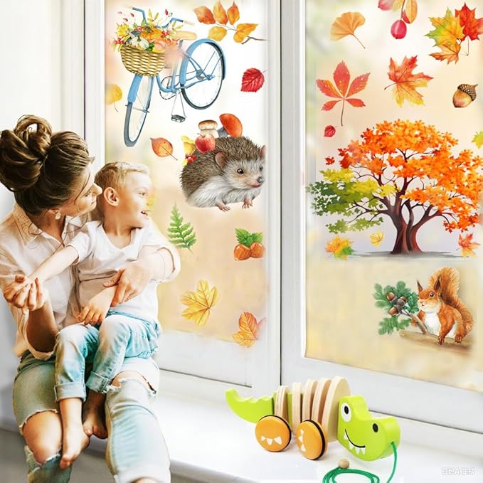 Fall Window Clings 9 Sheets Large-Size Window Clings for Glass Windo Decoration Autumn Leaves Animals Woodland Home Bedroom Nursery Room Windo Decals