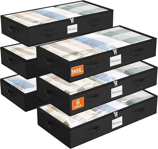 SpaceWhisper 90L Under Bed Storage Containers, 6-Pack Storage Bins with Clear Top, Foldable Closet Organizers and Storage with Label Holder for Clothing, Blankets, Comforter & Pillows(Black)