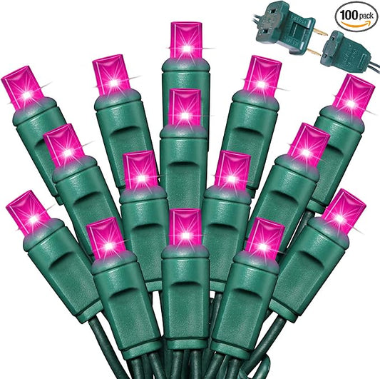 100Count (2pk of 50L) String Lights, LED Christmas Lights, 6" SPACING,Green Wire,Pink