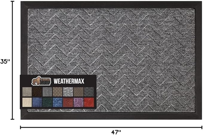 GORILLA GRIP All-Season WeatherMax Doormat, 47x35, Durable Natural Rubber, Stain and Fade Resistant, Low Profile, Indoor Outdoor Door Mats, Easy Clean Patio Entrance Mat, Steel Chevron