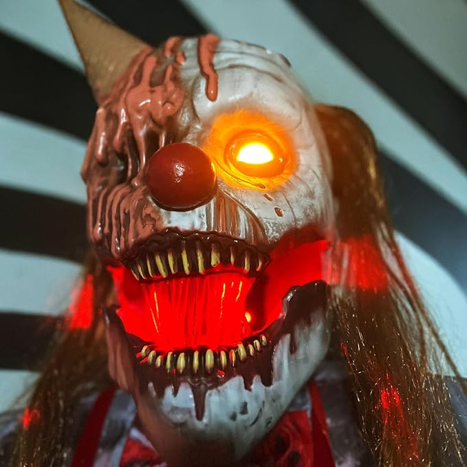 Haunted Hill Farm 6.5-Ft Animatronic I Scream Clown by Tekky, Halloween Animatronic, Creepy Party Decor, Indoor & Covered Outdoor Spooky Party Decoration Motion-Activated Lights & Sound, LifeSize