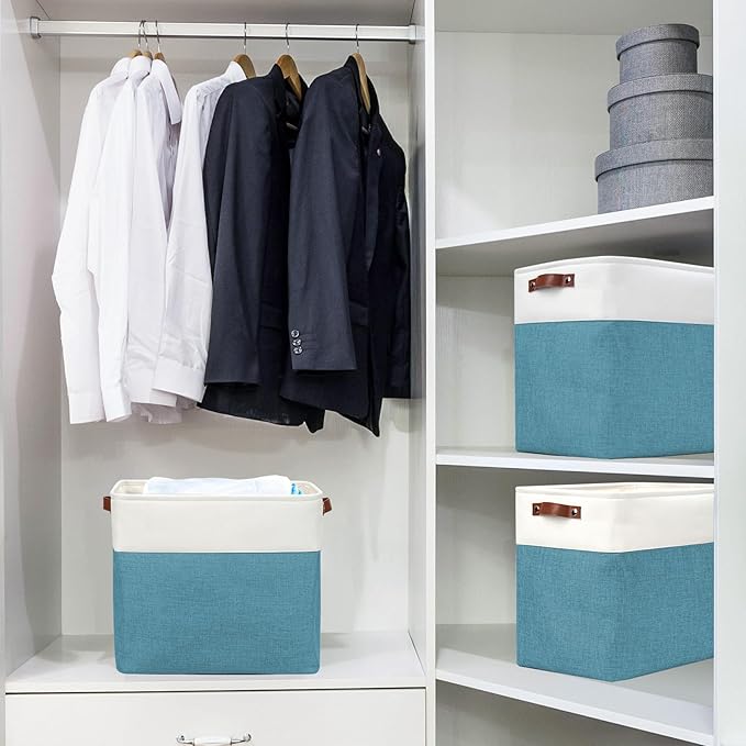 Large Fabric Storage Baskets | 50L Storage Bins, Decorative Linen Closet Baskets with Handles for Organizing, Shelf, Toys, Clothes, Home, Office, Nursery, 17x12x15Inches (Teal&White)