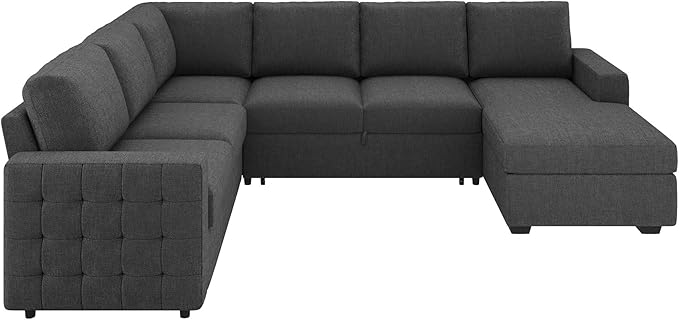 HONBAY Sectional Couch with Pull Out Bed, U-Shaped Sectional Sleeper Sofa with Storage, 6 Seater Sectional Sofa Bed, Mid-Grey