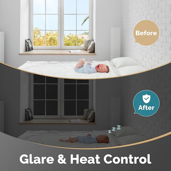 DOWELL Blackout Window Film, 100% Light Sun Blocking Static Cling Frosted Privacy Film for Glass, Heat Control Removable Window Tint, Room Darkening Cover for Day Sleep, Black, 35.4" x 118"