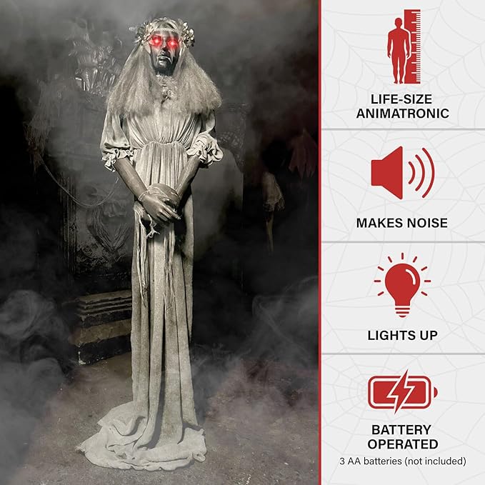 Haunted Hill Farm Lifesize Animatronic Scary Haunted Lady Statue with Touch Activated Lights and Sound, Battery-Operated Indoor or Covered Outdoor Halloween Decoration