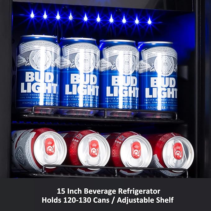 15'' Beverage Refrigerator and Beer Fridge Under Counter Built-in or Freestanding,127 Cans Beverage Cooler with Glass Door and Lock for Bottles and Cans Beer/Soda/Water/Wine