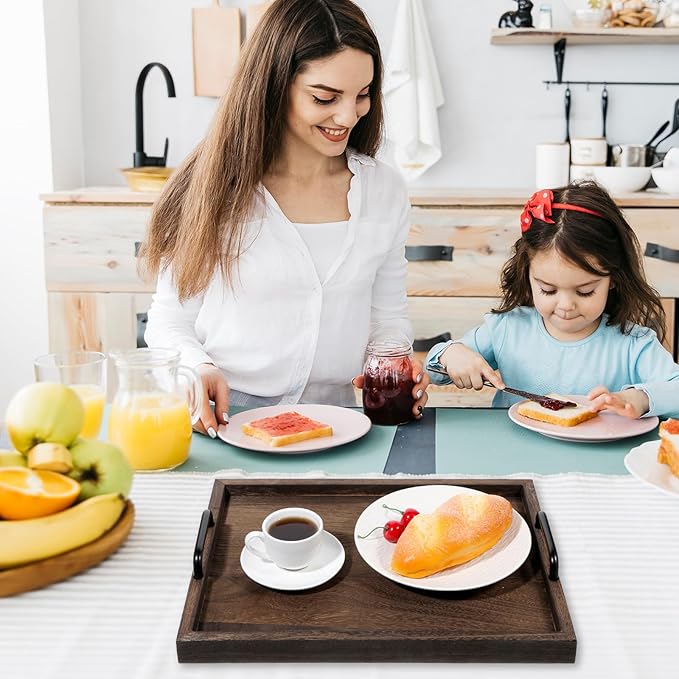 2 Pcs Rustic Wooden Serving Trays with Handle Decorative Nested Vintage Wood Serving Tray Stylish Farmhouse Decor Servings Platters for Eating, Breakfast(Large 15.8x11.8x1.2 in, Small 13.4x9.4x1.2 in)