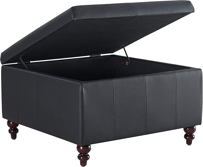 HUIMO Square Leather Storage Ottoman, Black Tufted Large Ottoman for Living Room, Coffee Table with Storage(Black)