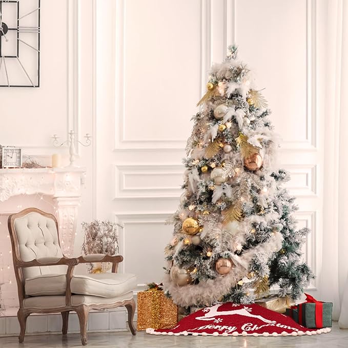 30 Inch Christmas Tree Skirt, Burlap Red Christmas Rustic Tree Skirt with Elk Deer and White Snowflake Printed for Holiday Party Xmas Tree Decoration