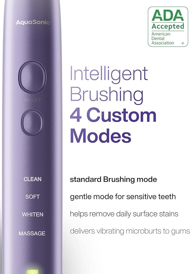 Aquasonic Vibe Series Ultra-Whitening Toothbrush – ADA Accepted Electric Toothbrush - 8 Brush Heads & Travel Case – 40,000 VPM Motor & Wireless Charging - 4 Modes w Smart Timer – Satin Violet