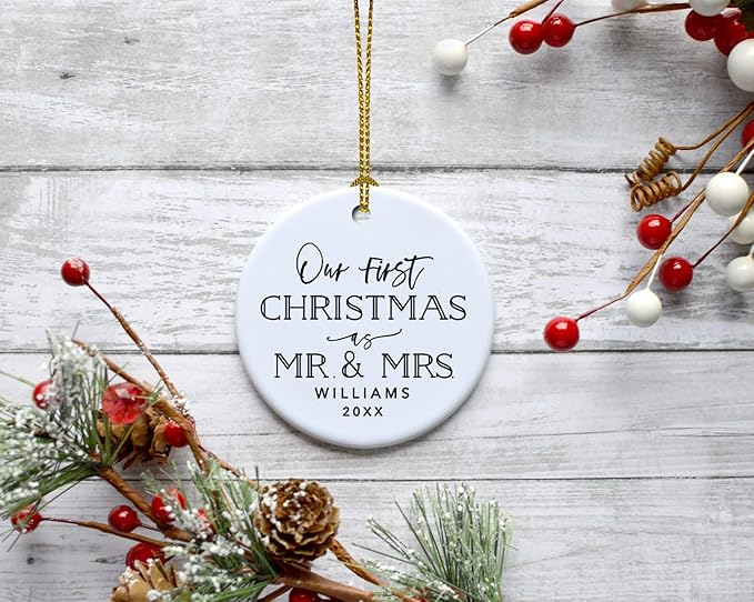 Andaz Press Personalized Our First Christmas As Mr. & Mrs. 2024 Christmas Ornaments Modern Black and White 2.8" Round Porcelain Ceramic 1st Year Married Custom Ornament Keepsake for Newlyweds 1-Pack