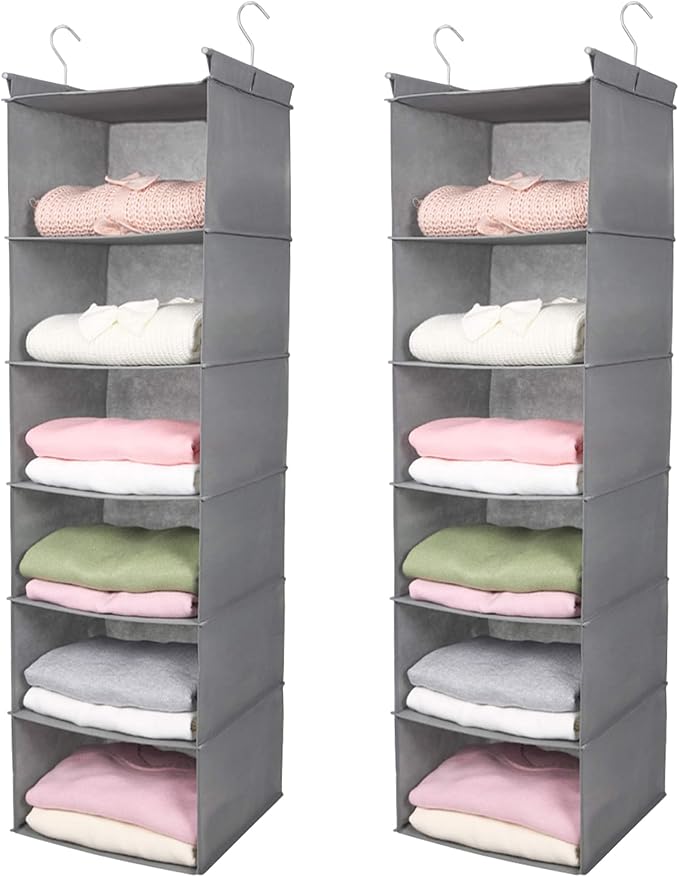 MAX Houser 6 Tier Shelf Hanging Closet Organizer, Closet Hanging Shelf with 2 Sturdy Hooks for Storage,2 Pack, Foldable (Light Grey)