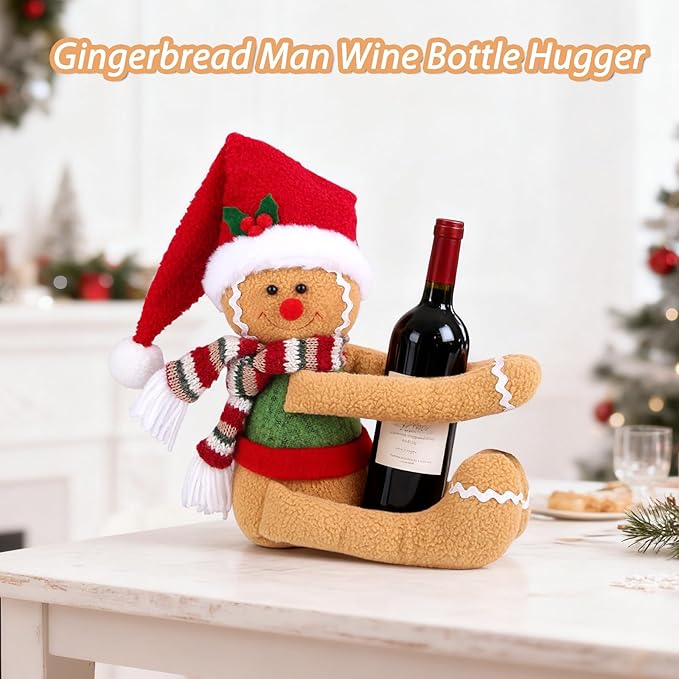Gingerbread Man Christmas Tree Topper Decorations, Unique Funny Tree Topper Xmas Plush Stuffed Santa Hat Gingerbread Hugger Decor for Christmas Tree Wine Bottle Curtain Ornaments Holiday Home Decor