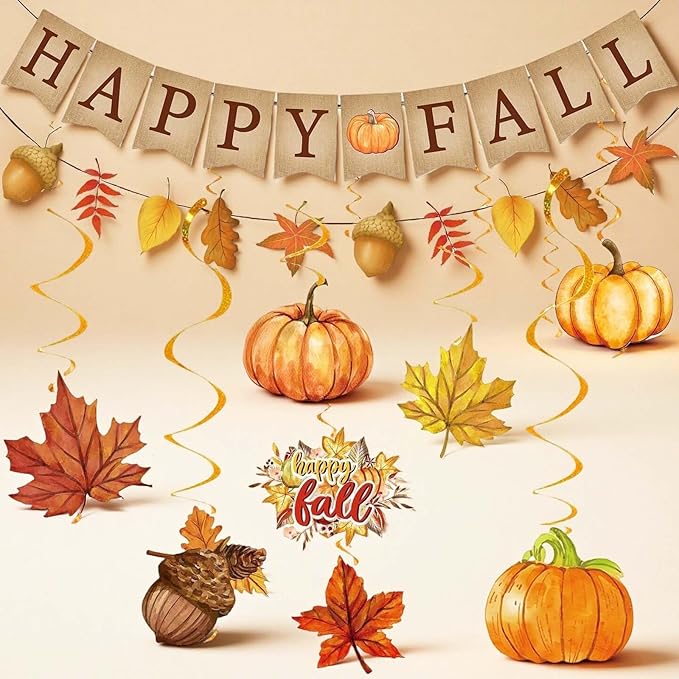 Fall Party Decorations/Happy Fall Banner with Maple Leaves Garland Fall Thanksgiving Day Decorations with Hanging Leaf Swirls, Maple Leaf Garland, Pumpkin Acorn Autumn Theme Party Decor Bunting