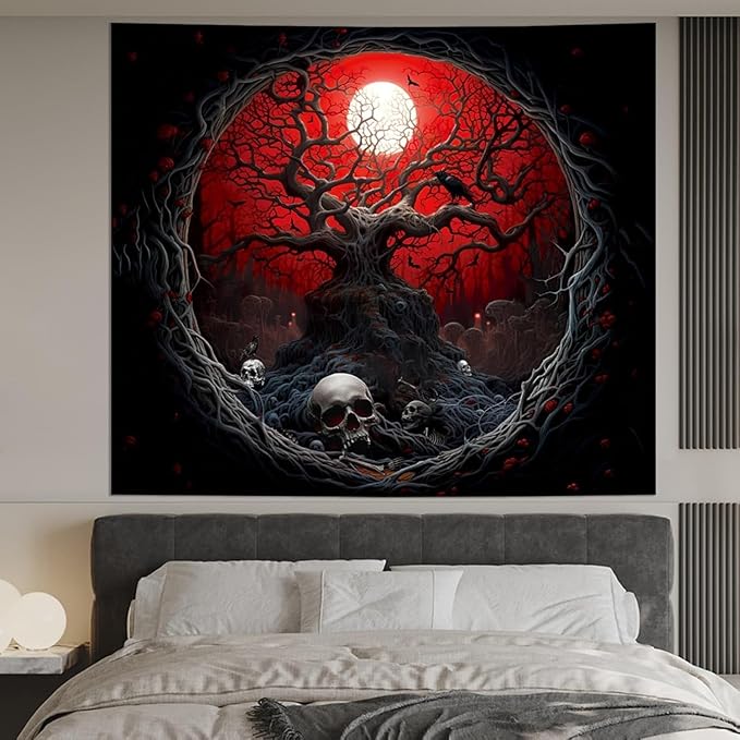 Atrippy Halloween Black Red Anime Tapestry, Gothic Dark Forest Moon Wall Hanging, Nature Skull Withered Tree Landscape Tapestries for Bedroom Living Room Men Dorm 60x 79 Inches