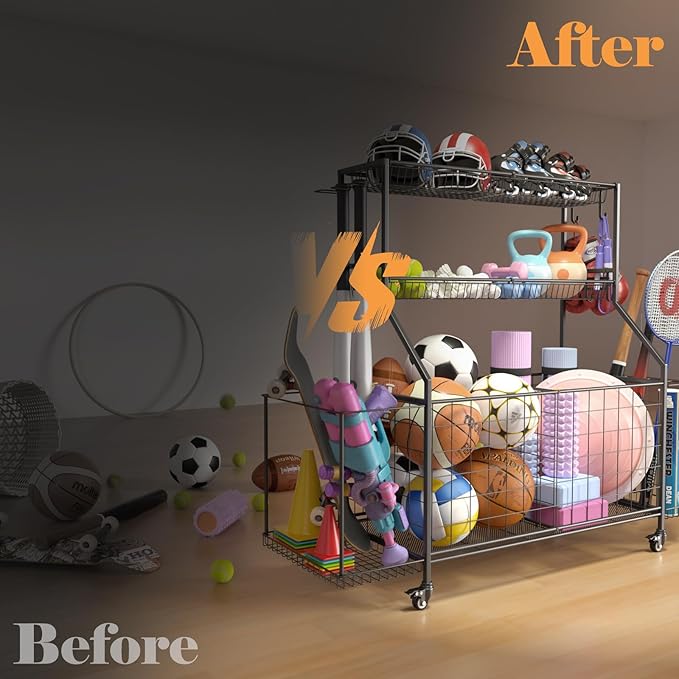 Sports Equipment Organizer, Garage Ball Storage Racks - Outdoor Toy Storage with 2 Side Racks & Removable Baskets, Heavy-Duty Garage Rolling Ball Cart with Wheels, Hooks for Toys, Sports Gear
