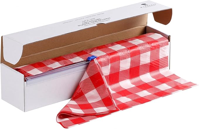 Goodluck 54 Inch X 100 Feet Plastic Table Cloths with Cutter Box, Red Checkered Disposable Table Cover Roll, Plastic Tablecloth for Party, Wedding, Birthday, Anniversary, Thanksgiving, Christmas