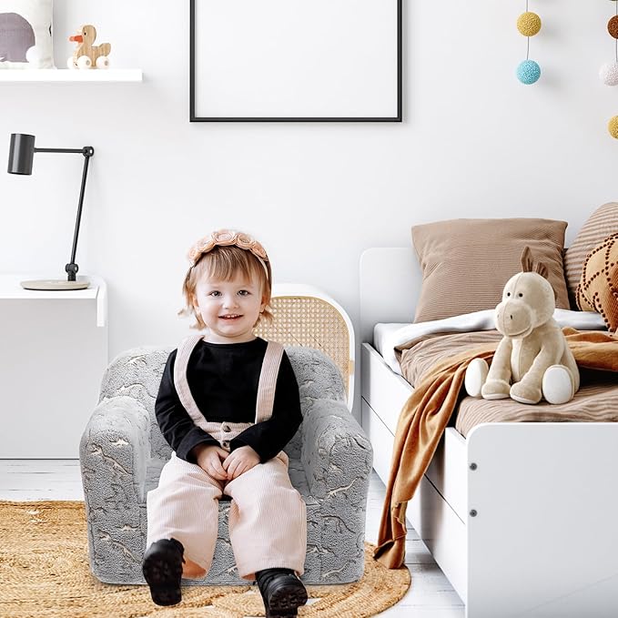 ALIMORDEN Kids Ultra-Soft Snuggle Foam Filled Chair, Glow-in-The-Dark Dinosaurs Fossil Pattern Toddler Cuddly Sherpa Reading Couch for Boys and Girls