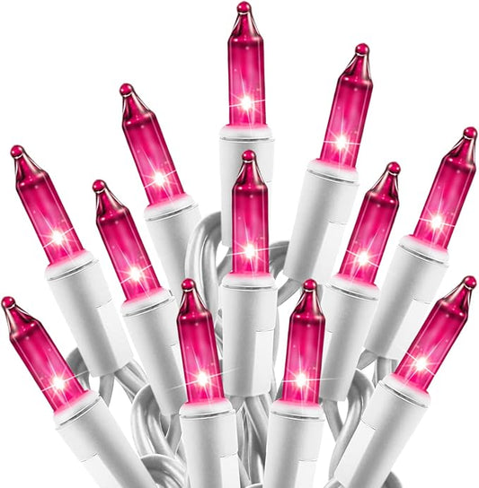 Pink String Lights with 100 Clear Bulbs on White Wire - 26.5 FT Waterproof Connectable Mini Tree Lights for Indoor Outdoor Use Party Holiday Patio Decorations