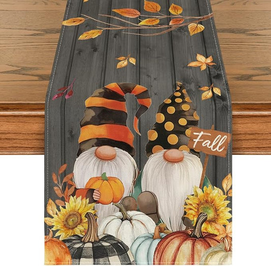 Artoid Mode Fall Gnomes Pumpkins Sunflower Maple Leaves Thanksgiving Table Runner, Seasonal Harvest Vintage Kitchen Dining Table Decoration for Indoor Outdoor Home Party Decor 13 x 72 Inch