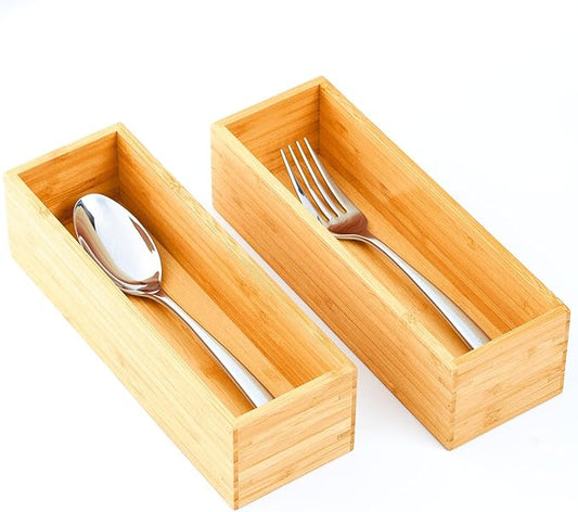 Umilife Bamboo Kitchen Drawer Organizer, Extra High Silverware Tray, Flatware Cutlery Storage Box, Multi-Use Holder in Office, Bathroom, Pantry - 9"x3"x2.5" (Set of 2)