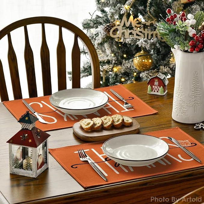 Artoid Mode Pumpkins Give Thanks Turkey Fall Placemats Set of 6, 12x18 Inch Pumpkin Pie Thanksgiving Table Mats for Party Kitchen Dining Decoration