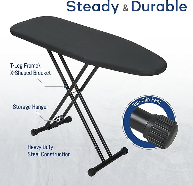 Ironing Board 43x13 with Iron Rest, RAINHOL Compact Iron Board Full Size with Thick Cover and Pad, Easy Storage Hanger with Heat-Resistant Silicone Pad, Space Saving and Height Adjustable, Black