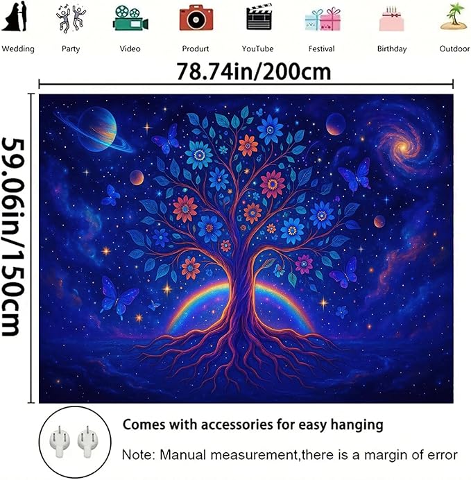 Starlit Patio Cosmic Tree Blacklight Tapestry UV Reactive Wall Hanging Rainbow Roots Flowers and Planets for Bedroom Dorm Living Room Glowing Spiritual Decor Fluorescent Trippy Poster 78 x 59 Inch