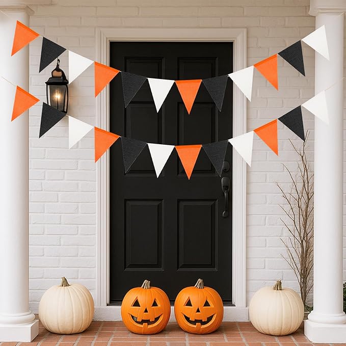 G2PLUS Pre-Strung Halloween Burlap Banners, 39Ft Black and Orange Fabric Triangle Flag Bunting, 36Pcs Reusable Pennant Banner Flags Garland for Fall Festival, Birthday, Porch, Party Decorations