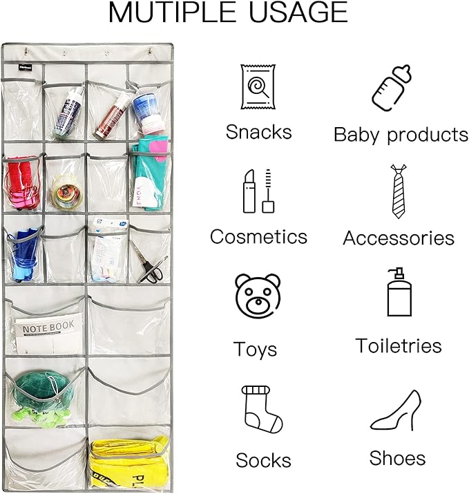 2 Pack Extra Large Hanging Crystal Clear Over Door Shoe Organizers, Closet Shoe Rack Organizer, 12+6 Pockets, 8 Hooks, Grey (59" x 21.6")