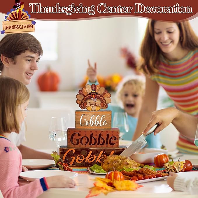 4 Pcs Thanksgiving Fall Decor for Home Cute Turkey Wooden Signs with Sayings Thanksgiving Fall Tiered Tray Decor Turkey Tabletop Centerpiece Gobble Block Signs for Office Kitchen Shelf