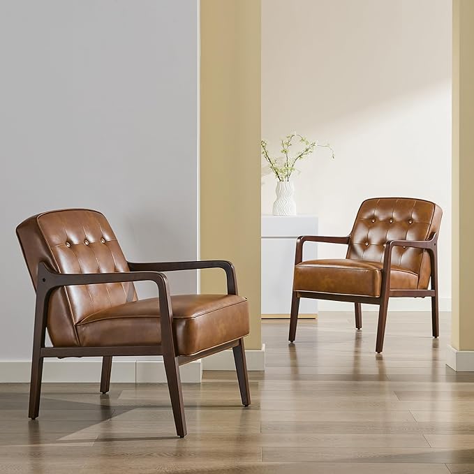 Faux Leather Accent Chair, Mid Century Modern Chair for Living Room, Upholstered Comfy Lounge Armchair with Solid Wood Frame, Reading Side Chair for Bedroom,105°Ergonomic Comfort, Brown