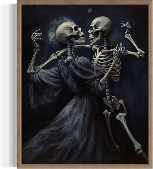 Dancing Skeleton Poster Art Print, Halloween Scary Vintage Wall Art Academia Spooky Painting Decoration for Horror Prints, Gothic Posters Bedroom Decor 89 (Dancing Skeleton, 16 x 20 inches, Wood Frame)