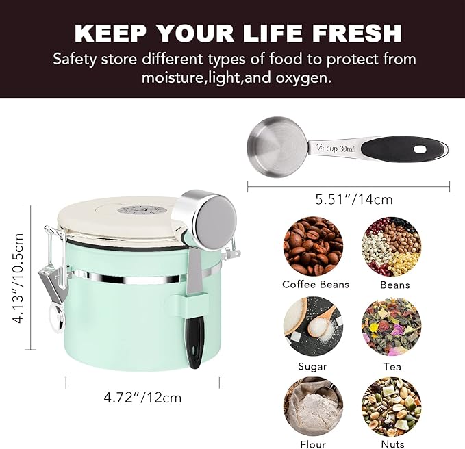 ShanSon Coffee Canister Airtight Coffee Container Stainless Steel Coffee Bean Storage Container with CO2 Release Valve and Scoop Coffee Canister for Beans,Grounds,Sugar,Flour,Tea,Cereal,11OZ,Green
