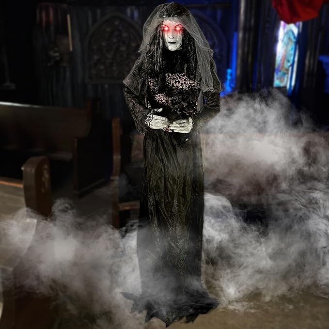 Haunted Hill Farm Rising Ghost Bride by Tekky, Battery-Operated, Sound Activated Animatronic with Sound Effects and Lights for Indoor or Covered Outdoor Creepy Halloween Decoration