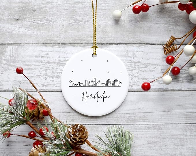 Andaz Press Round Ceramic Porcelain Christmas Tree Ornament Keepsake, Honolulu Black and White Stars City Skyline Graphic, 1-Pack, Birthday Gift Idea for Family, Coworker, Him, Her, Includes Gift Box