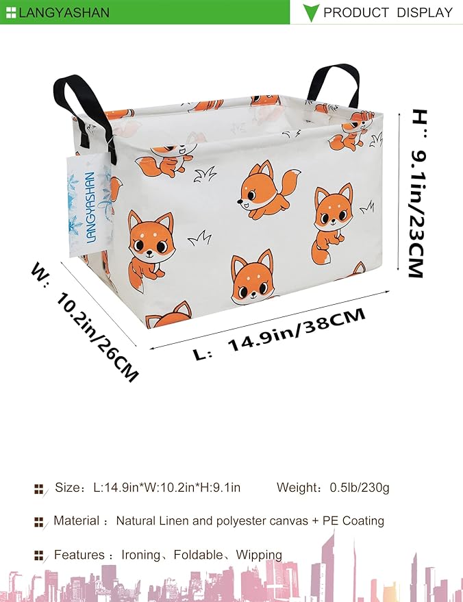 LANGYASHAN Rectangular Storage Bin Collapse Canvas Fabric Cartoon Storage Basket with Handles for Organizing Home Kitchen Boys and Girls Toys Office Closet Shelf Baskets(Rec Fox)