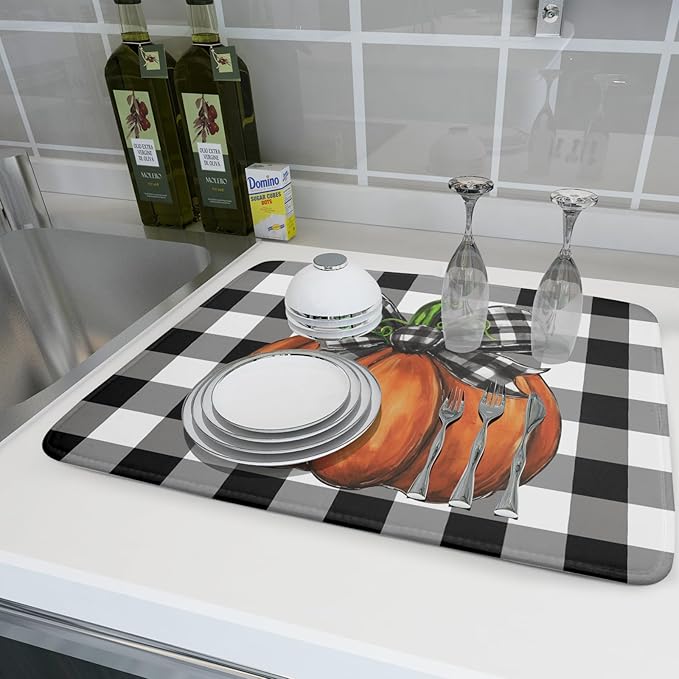 Fall Pumpkin Dish Drying Mat for Kitchen Counter Black White Buffalo Check Thanksgiving Super Absorbent Reversible Microfiber Kitchen Countertop Protector Dishes Pad Large 18x24 inch