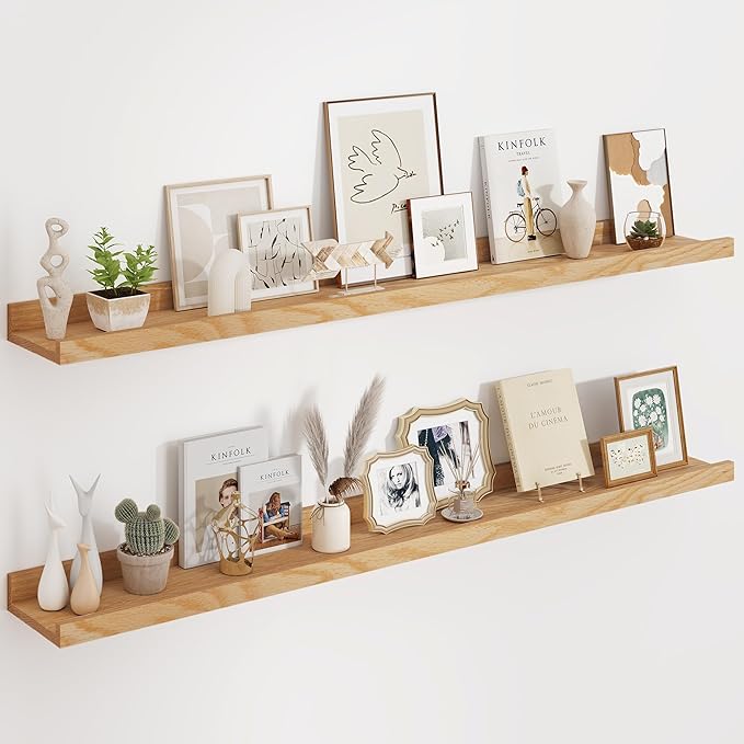 Floating Picture Ledge Shelves 55 Inch Solid Oak Wood Set of 2, Rustic Wall Storage Shelves with Lip, Kids Bookshelf, Photo & Picture Ledge Shelves for Bedroom, Living Room, Kitchen