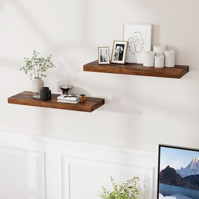 24 x 9 Floating Shelves, 9 Inch Deep Floating Shelf Wall Mounted, 24 Inch Bathroom Shelves Set of 2, Rustic Wood Wall Shelf for Bedroom, Living Room, Rustic Brown Color
