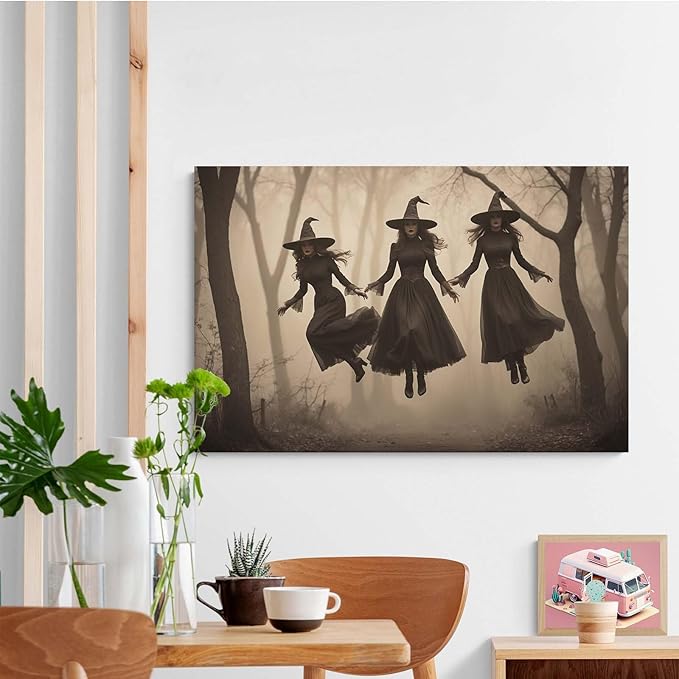 Three ghost witches flying in vintage forest gothic wall art witchcraft decoration holiday gift canvas wall art print20x30in Wood Framed