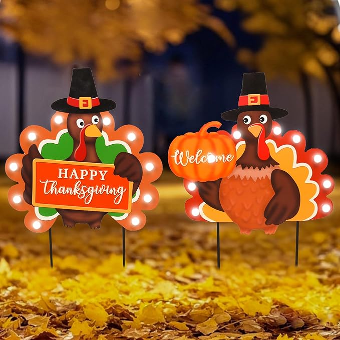 2 PCS Fall Decorations Outdoor Metal Happy Thanksgiving Decorative Garden Stakes with Led Light Welcome Pumpkin Turkey Yard Signs Fall Harvest Lawn Garden Lawn Pathway Decor