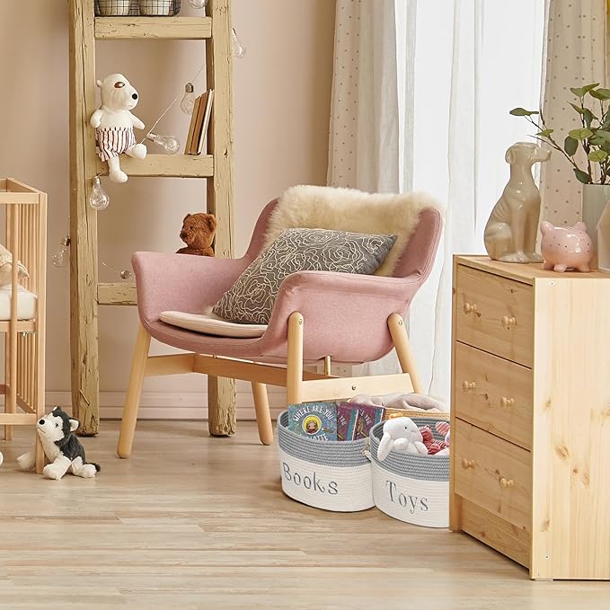 Embroidered Tote Bin - Storage Basket for Nursery - Large Storage Box - Organizing Bedroom, Closet, Classroom (White Toys Basket)