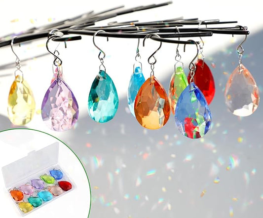 38mm Crystal Suncatcher Prism, 10pcs Multicolor Teardrop Crystals Chandeliers Replacement Pendants for Lamp Windows Hanging Rainbow Maker Ornaments Birthday Wedding Party Home Decor Gifts