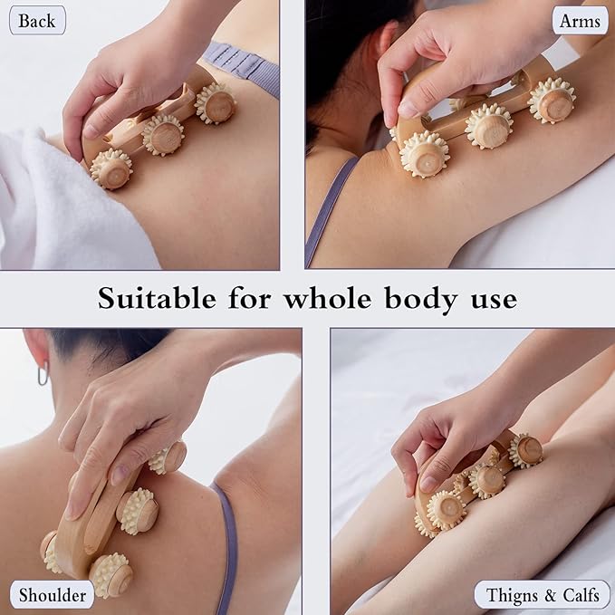 Handheld Massage Roller for Sore Muscle, Wood Therapy Massage Tools for Body, Wooden Fascia Roller for Deep Tissue, Lymphatic Drainage Massager for Legs/Thighs/Butt