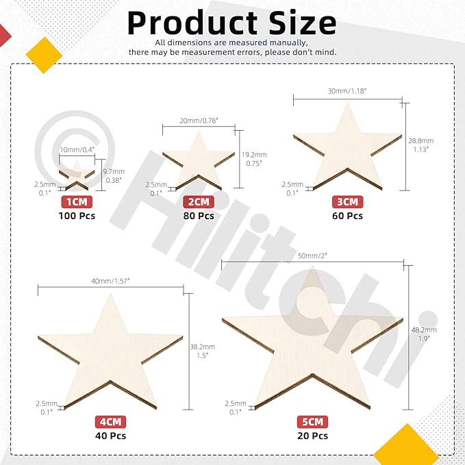 Hilitchi 300Pcs 5Sizes Unfinished Wooden Stars Wood Stars Craft Unfinished Wooden Stars Ornanents Wooden Stars Shape Blank Wood Ornaments Cutout Blank Wood for DIY Art Crafts Home Decorations
