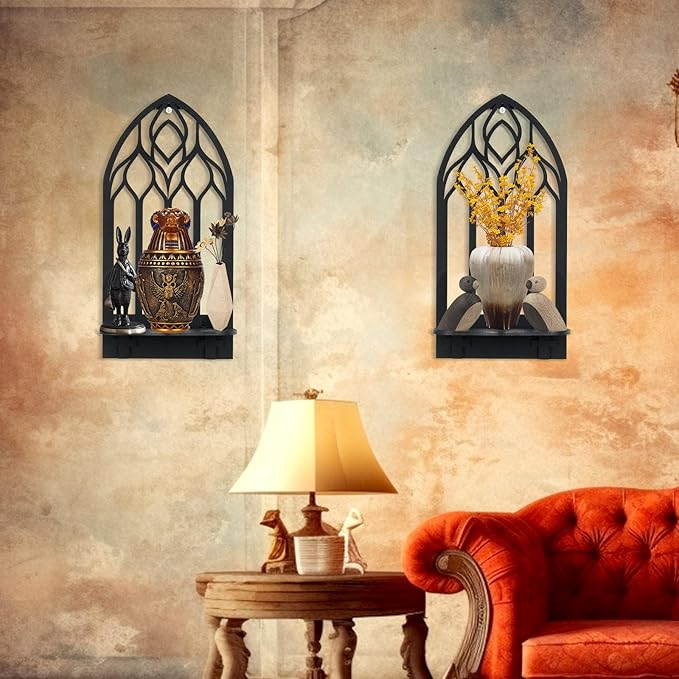 2 Pcs Gothic Sconces Wall Decor Black Goth Decor Arched Church Wall Gothic Decor Art Gothic Bathroom Decor Gothic Home Decor for Living Room Kitchen Dinner Room (Upward)