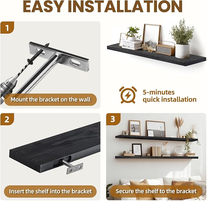 Floating Wall Shelves 2-Pack - 36-Inch Rustic Black Wooden Shelves for Storage and Décor, Easy Installation for Living Room, Bedroom, and Kitchen