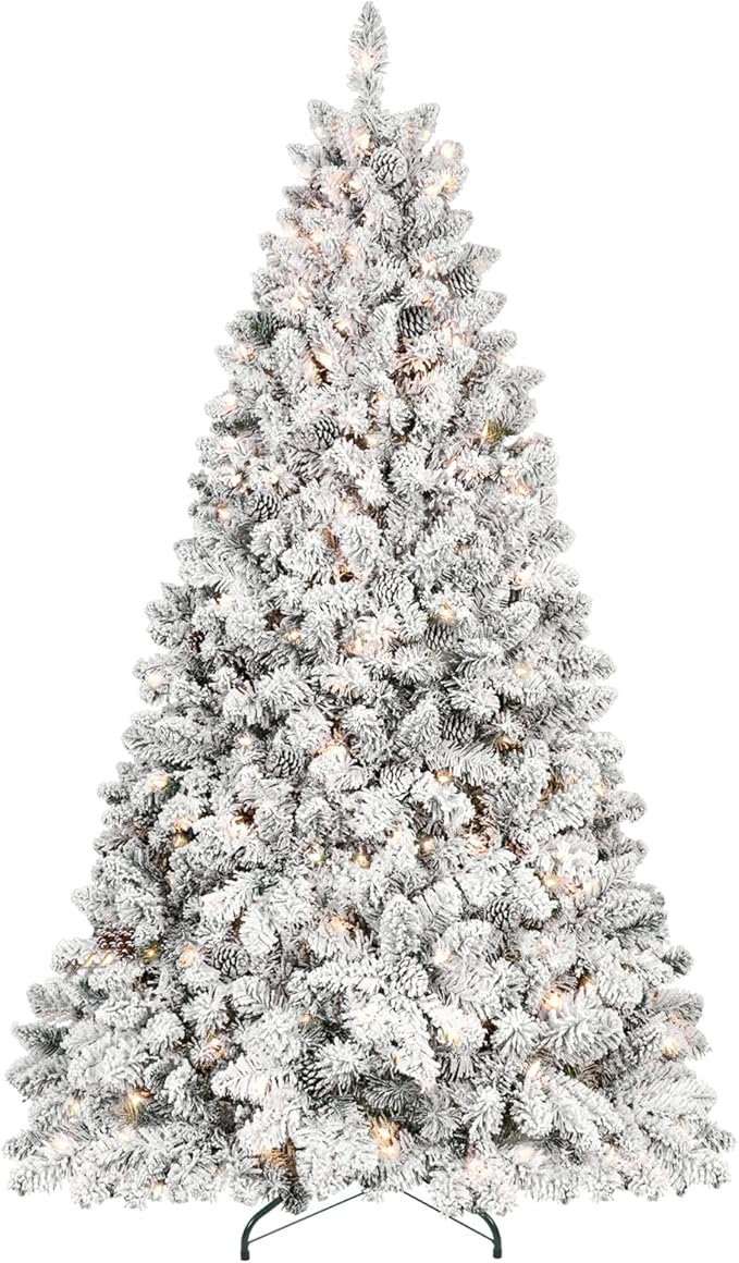5ft Pre-lit Flocked Christmas Tree, Artificial Christmas Tree with Lights, Snow Frosted Christmas Trees Pre-lit with Pine Cones & 300 UL Lights, 600 Tips, Hinged Easy Setup Xmas Tree